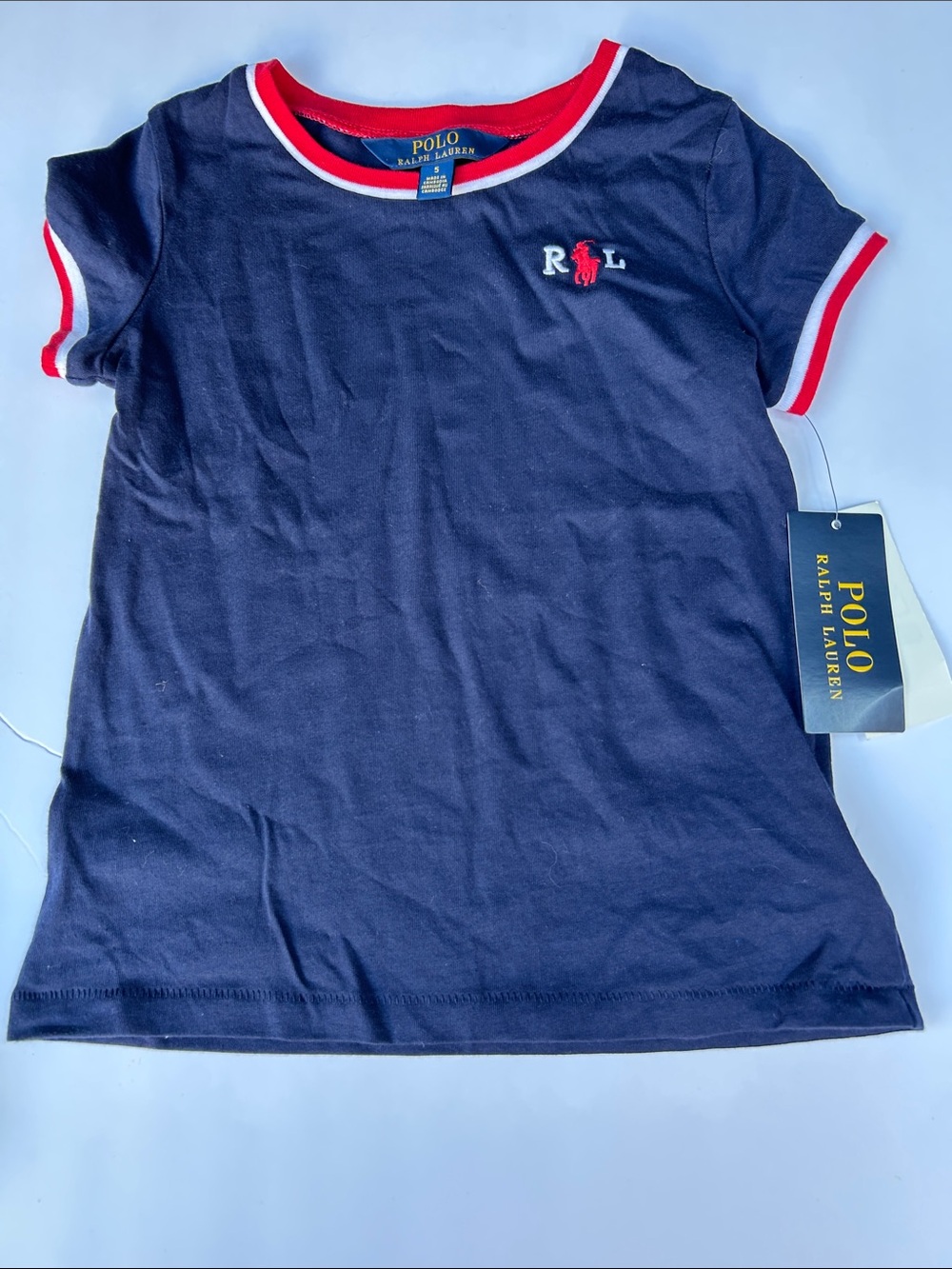 Polo by Ralph Lauren Navy Tee with Red & White Trim NWT